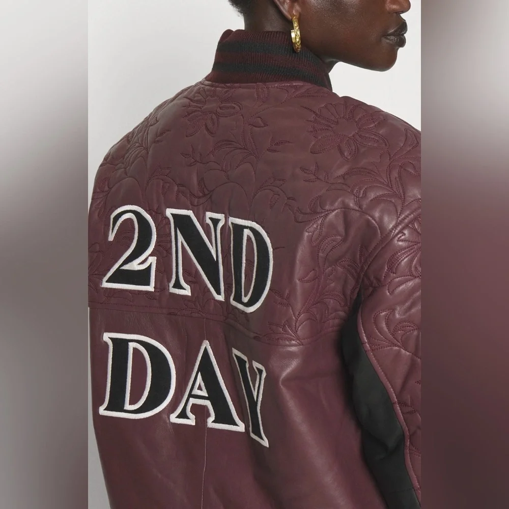 Scandinavian design Genuine leather Burgundy and Black bomber Leather Jacket 6